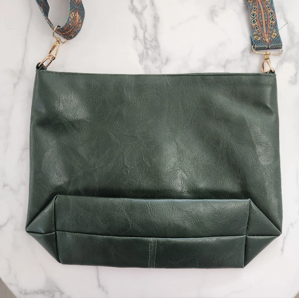 Unisex Army Green Tote Bag with Patterned Boho Strap - Picture 4 of 16